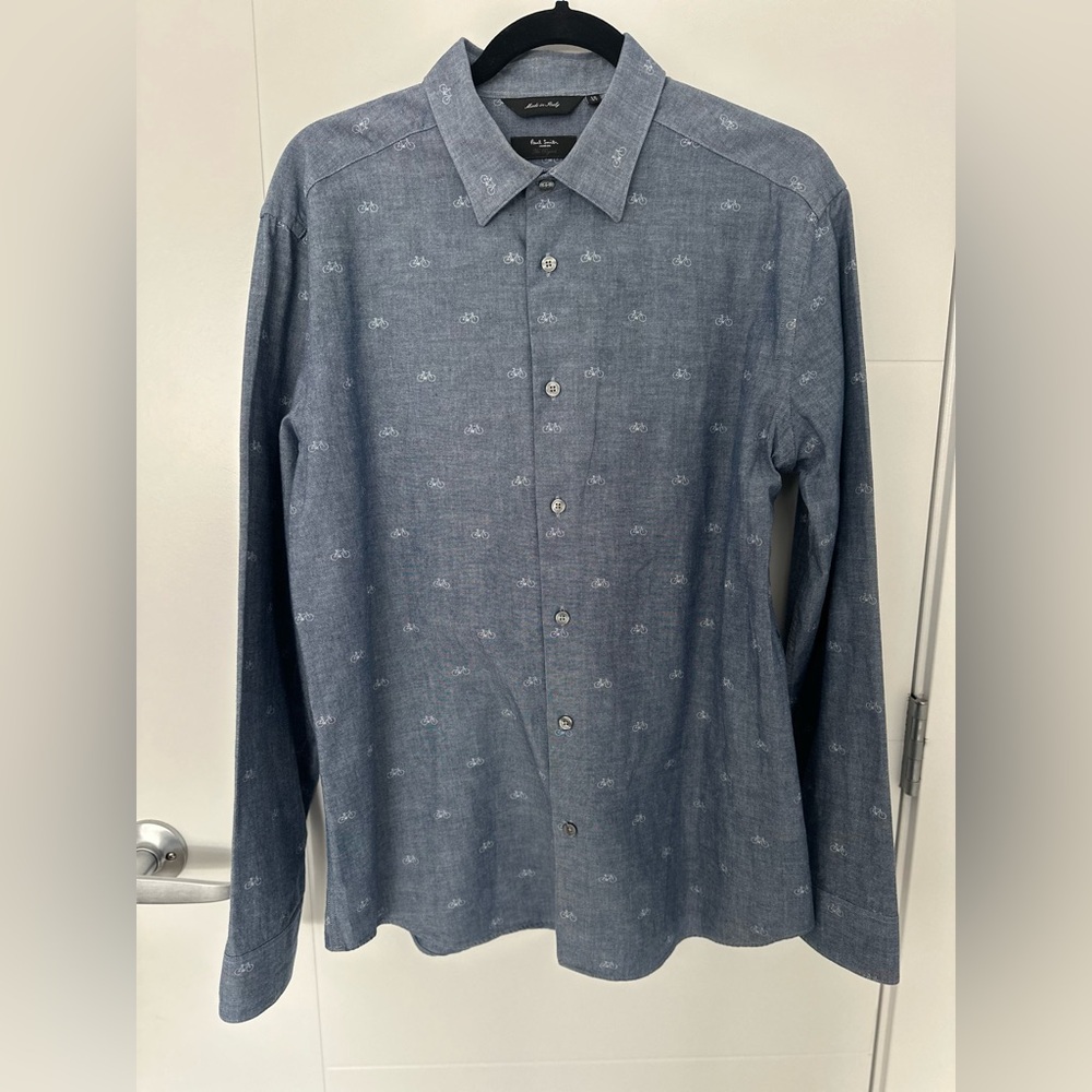 Paul Smith Men’s Button Down Shirt — Micro Bicycle Print  Slim Fit Feel